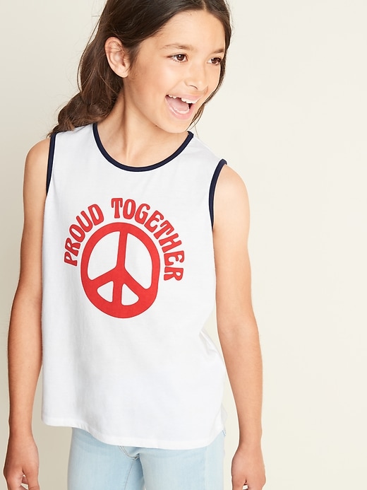 View large product image 1 of 1. Graphic Hi-Lo Hem Muscle Tank for Girls