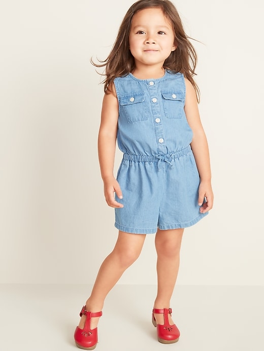 View large product image 1 of 3. Sleeveless Chambray Utility Romper for Toddler Girls
