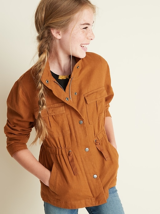 View large product image 1 of 1. Linen-Blend Snap-Front Utility Jacket for Girls