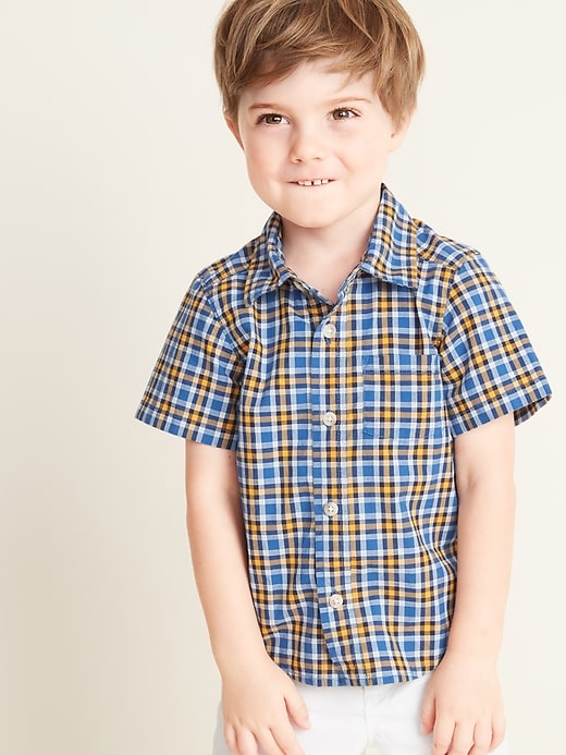 View large product image 1 of 1. Built-In Flex Plaid Poplin Shirt for Toddler Boys