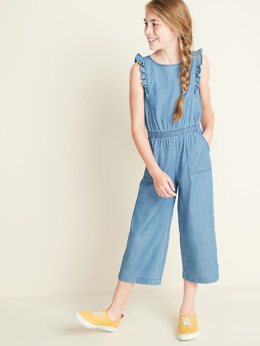 View large product image 1 of 3. Ruffled Chambray Jumpsuit for Girls