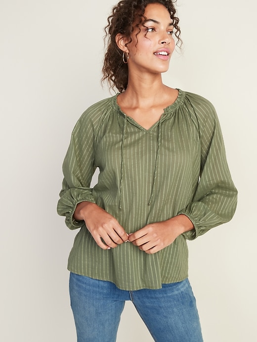 Image number 1 showing, Tie-Neck Shadow-Stripe Gauze Blouse for Women