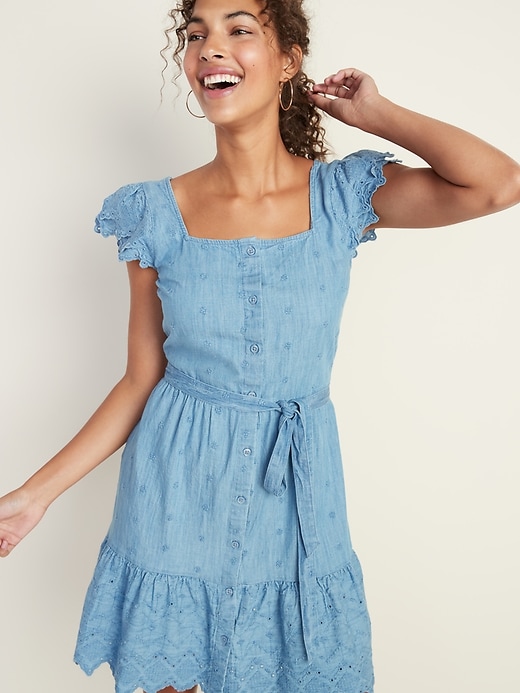 Image number 1 showing, Chambray Cutwork Waist-Defined Tie-Belt Dress for Women