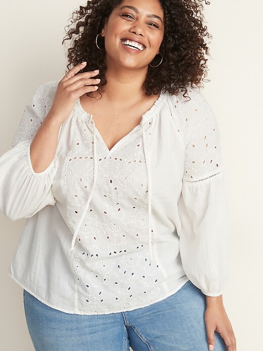 View large product image 1 of 1. Plus-Size Tie-Neck Cutwork Blouse