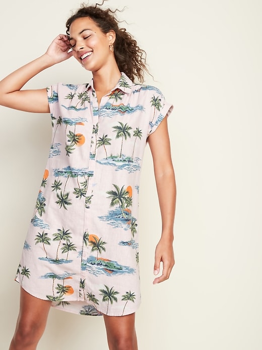 Printed Linen-Blend Shirt Dress for Women 