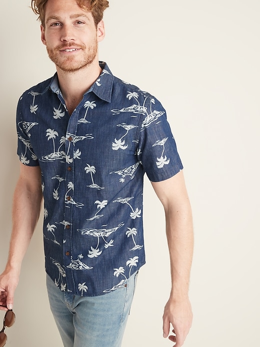 View large product image 1 of 1. Slim-Fit Printed Chambray Shirt