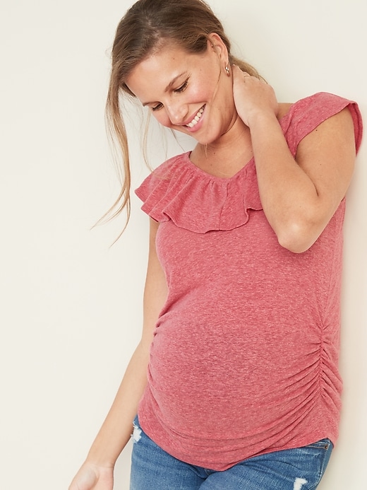 View large product image 1 of 1. Maternity Fitted Ruffled V-Neck Linen-Blend Top