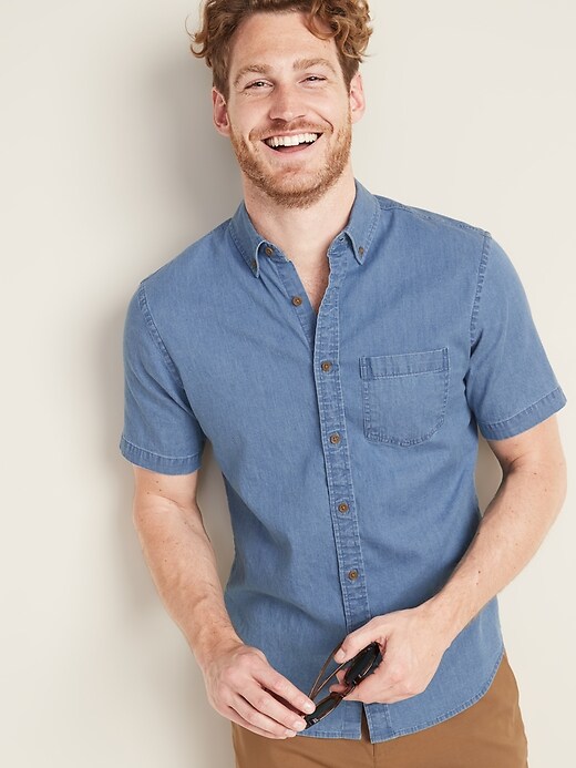 Image number 1 showing, Slim-Fit Built-In Flex Chambray Shirt