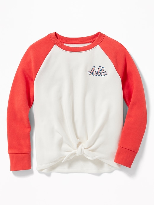View large product image 1 of 2. Tie-Front Embroidered-Graphic Raglan Sweatshirt for Girls