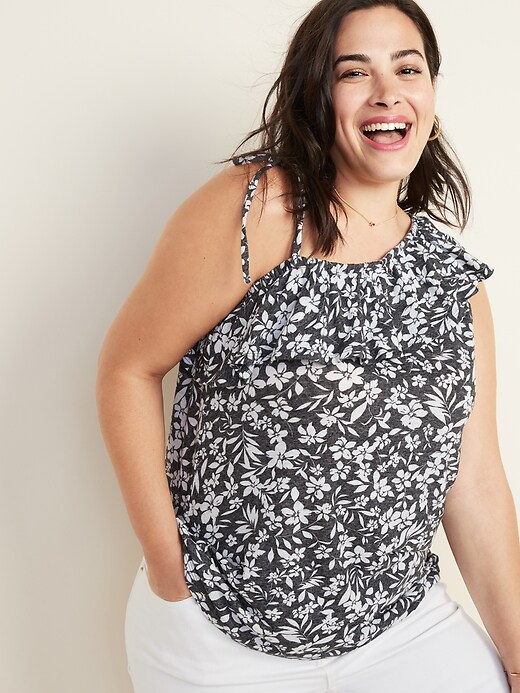 View large product image 1 of 1. Ruffled One-Shoulder Plus-Size Linen-Blend Top