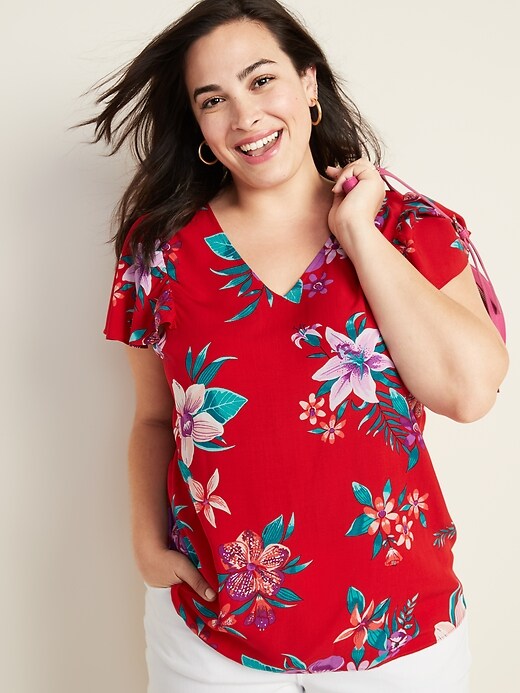 Image number 1 showing, Ruffle-Sleeve Plus-Size V-Neck Top
