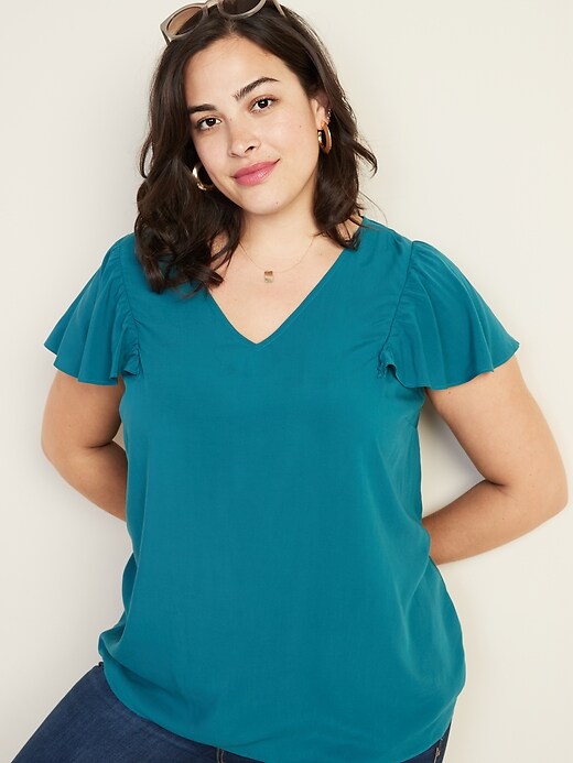 View large product image 1 of 1. Ruffle-Sleeve Plus-Size V-Neck Top