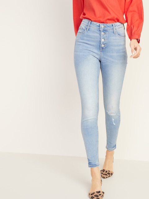 High-Waisted Distressed Rockstar Super Skinny Ankle Jeans for Women - Light Wash
