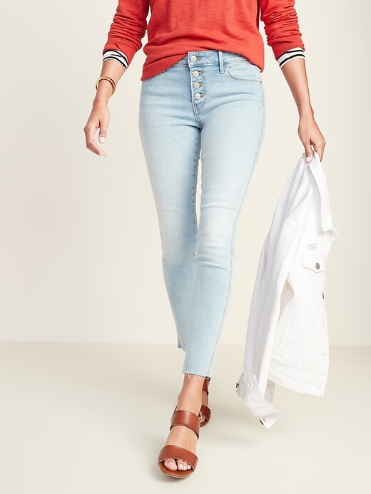 Image number 1 showing, Mid-Rise Button-Fly Raw-Edge Rockstar Ankle Jeans for Women