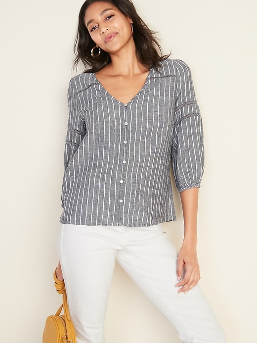 Image number 4 showing, Striped Linen-Blend Button-Front Top for Women