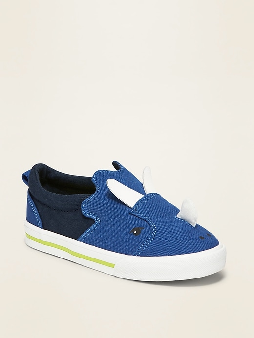 View large product image 1 of 4. Canvas Triceratops Critter Slip-Ons for Toddler Boys