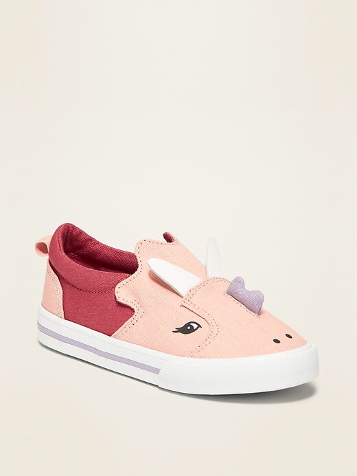 View large product image 1 of 4. Canvas Triceratops Critter Slip-Ons for Toddler Girls