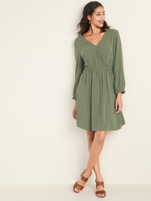 Image number 1 showing, Waist-Defined Faux-Wrap Crepe Dress for Women