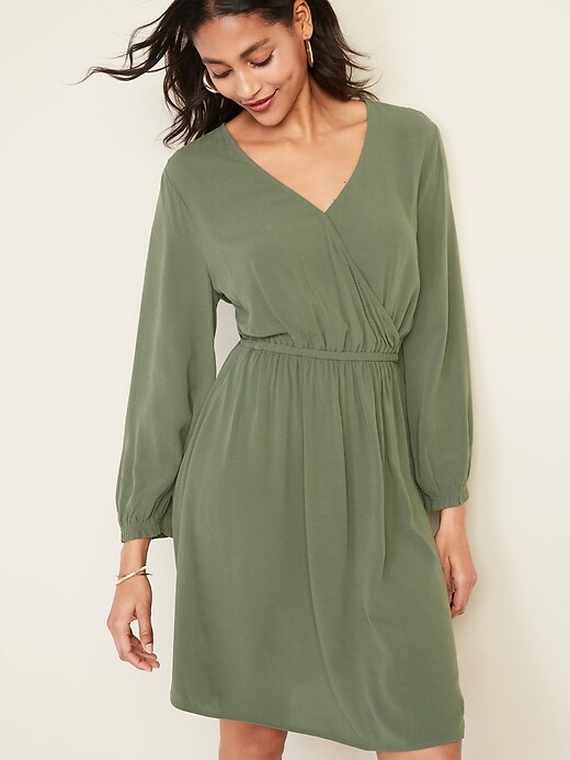 Image number 3 showing, Waist-Defined Faux-Wrap Crepe Dress for Women