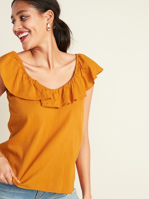 View large product image 1 of 1. Ruffled-Neck Slub-Weave Top for Women