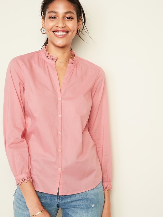 Image number 1 showing, Lace-Trim Split-Neck Shirt for Women