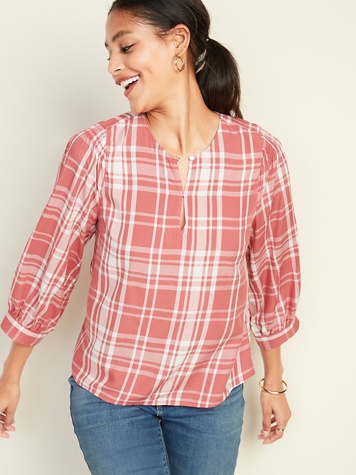Image number 1 showing, Plaid Balloon-Sleeve Blouse for Women