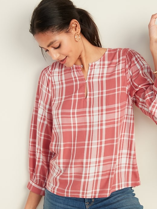 Image number 4 showing, Plaid Balloon-Sleeve Blouse for Women