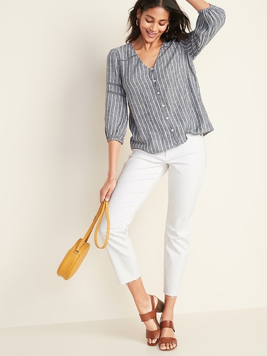 Image number 3 showing, Striped Linen-Blend Button-Front Top for Women