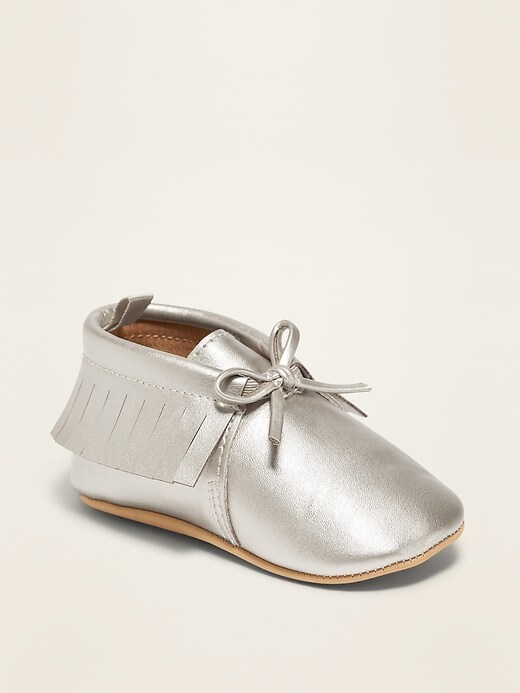 View large product image 1 of 1. Metallic Faux-Leather Moccasin Booties for Baby