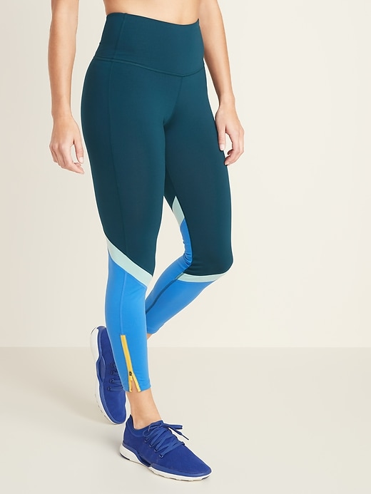 High-Waisted Color-Blocked Side-Zip Elevate 7/8-Length Leggings For Women