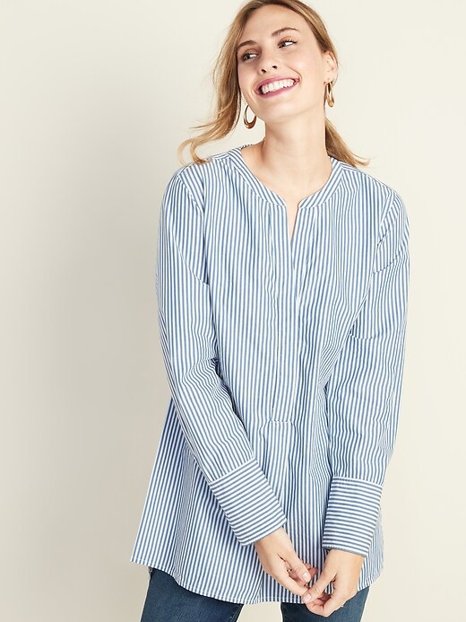 View large product image 1 of 1. Striped Poplin Popover Tunic Shirt for Women