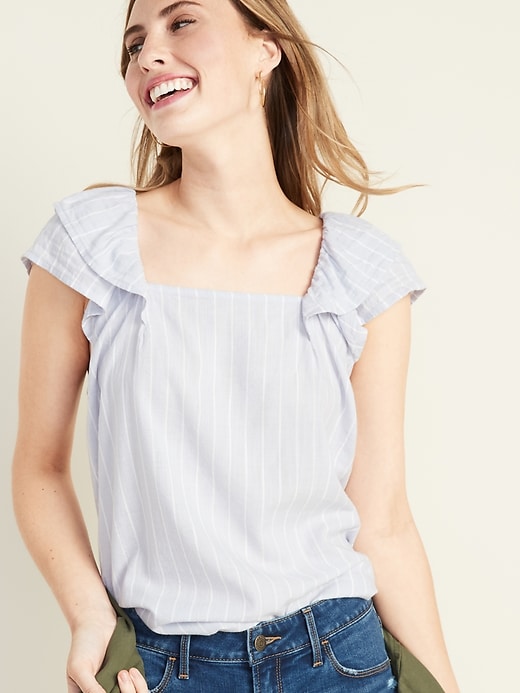 Image number 1 showing, Striped Square-Neck Flutter-Sleeve Top for Women