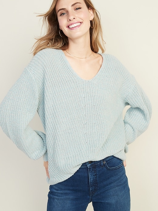 V-Neck Shaker-Stitch Sweater for Women