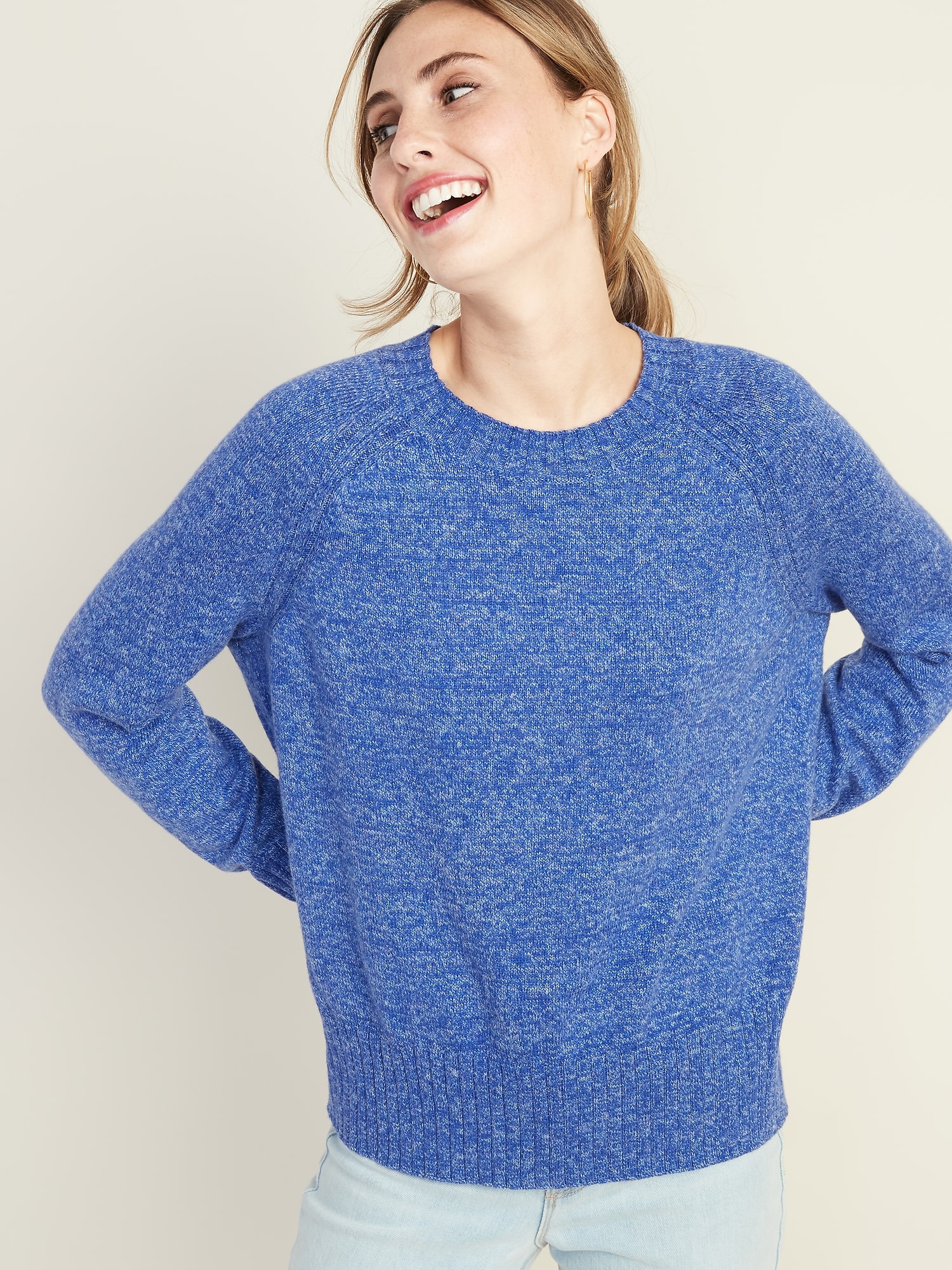 Rib-Knit Trim Crew-Neck Sweater for Women