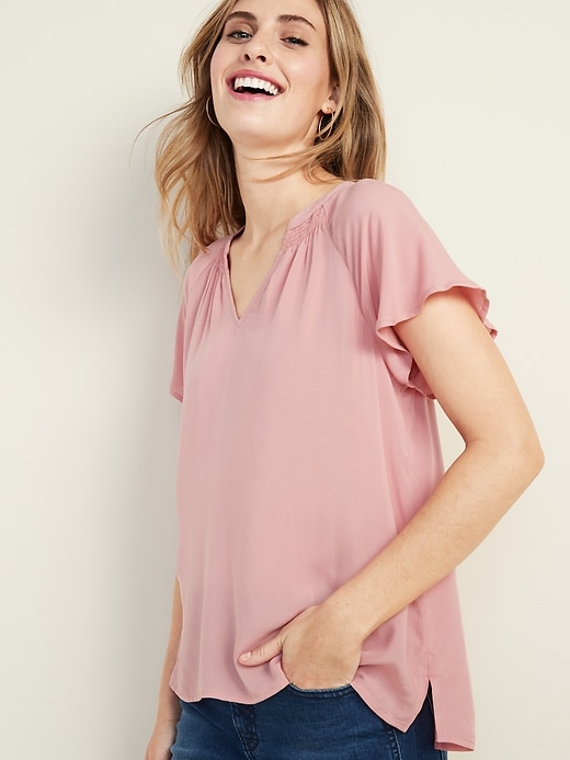 View large product image 1 of 1. Smocked Flutter-Sleeve Top for Women