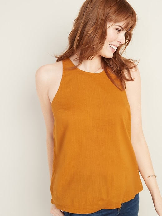 Image number 1 showing, Relaxed High-Neck Slub-Weave Sleeveless Top For Women