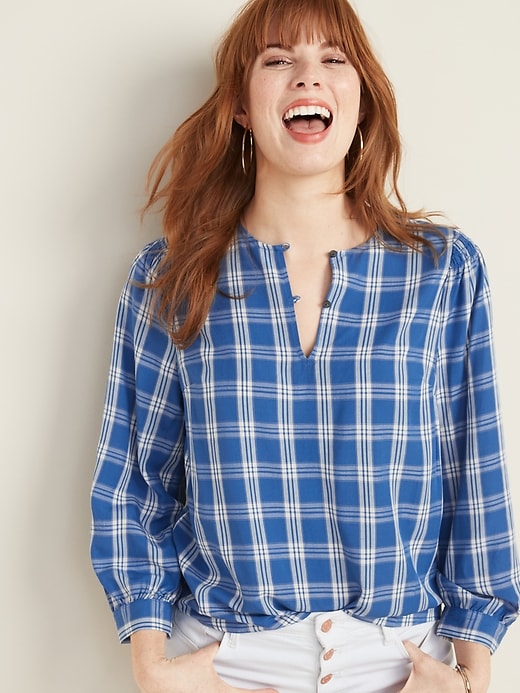 View large product image 1 of 1. Plaid Balloon-Sleeve Blouse for Women