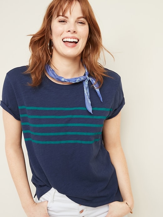 View large product image 1 of 1. Loose-Fit Striped Slub-Knit Tee for Women