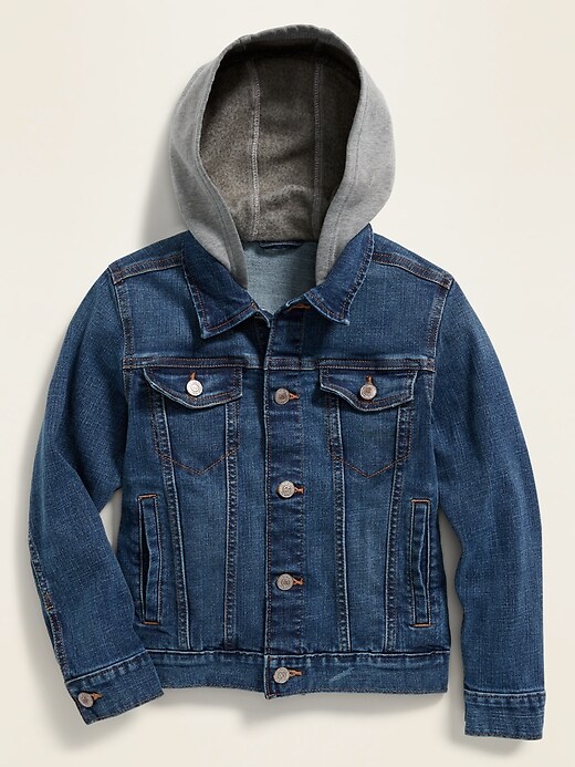 View large product image 1 of 3. Fleece-Hood Built-In Flex Jean Jacket For Boys