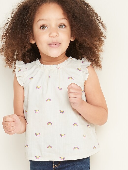 View large product image 1 of 4. Ruffle-Trim Rainbow-Print Blouse for Toddler Girls