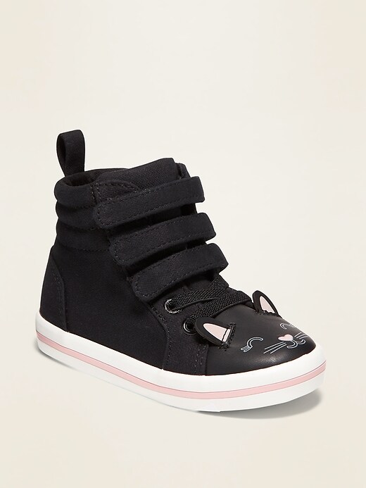 View large product image 1 of 4. Triple Secure-Strap Cat Critter High-Tops for Toddler Girls