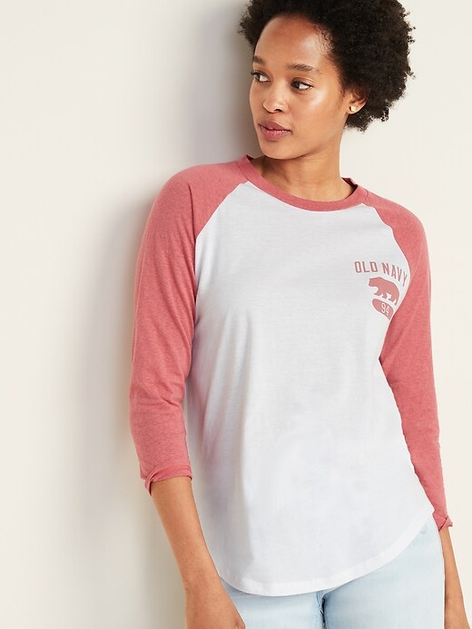 View large product image 1 of 1. Color-Blocked Logo-Graphic Raglan-Sleeve Tee for Women