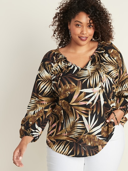 Image number 1 showing, Plus-Size Tie-Neck Printed Swing Blouse