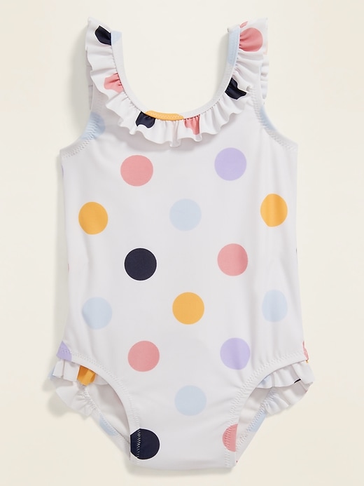 View large product image 1 of 2. Ruffle-Trim Polka Dot Swimsuit for Baby