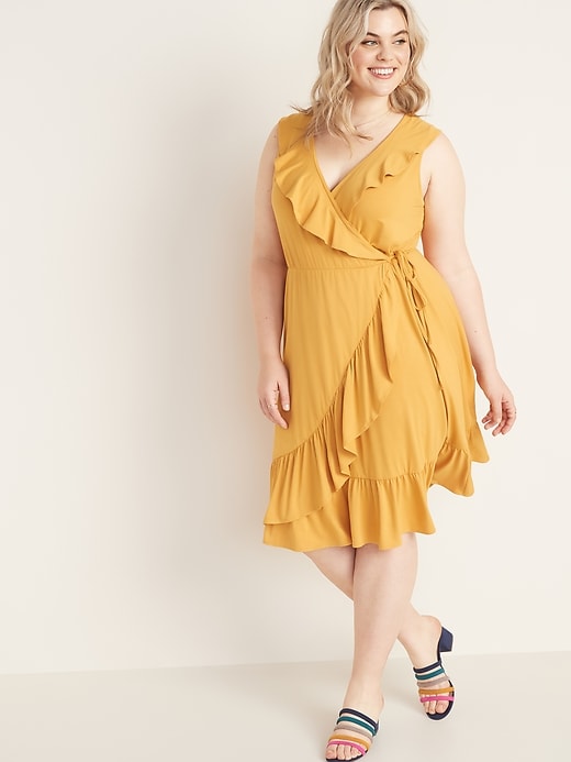View large product image 1 of 1. Ruffled Fit & Flare Plus-Size Faux-Wrap Dress