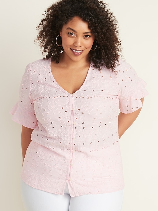 Image number 1 showing, Button-Front V-Neck Plus-Size Cutwork Top