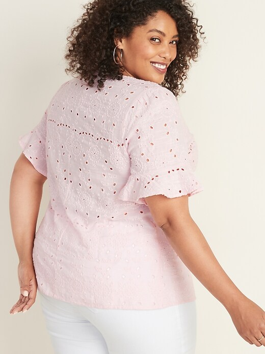 Image number 2 showing, Button-Front V-Neck Plus-Size Cutwork Top