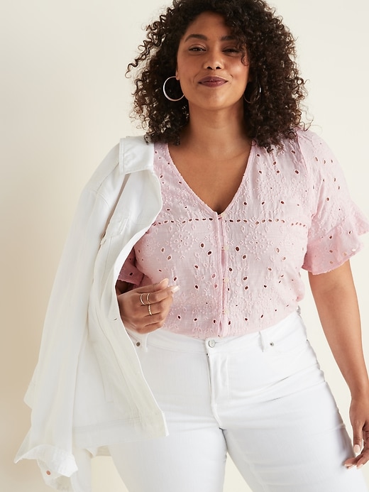 Image number 4 showing, Button-Front V-Neck Plus-Size Cutwork Top