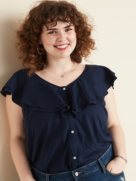 Image number 1 showing, Ruffle-Tiered Linen-Blend No-Peek Plus-Size Blouse