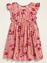 View large product image 3 of 4. Waist-Defined Floral-Print Flutter-Sleeve Dress for Toddler Girls